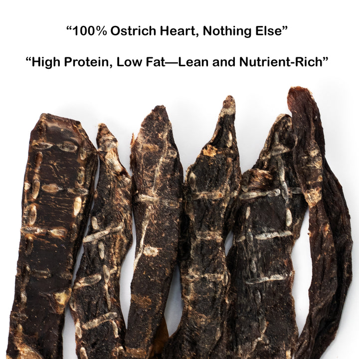 Ostrich Heart Jerky Dog Chew – made from 100% ostrich heart. A natural, single-ingredient chew dogs love. Pure, simple, and protein-rich.