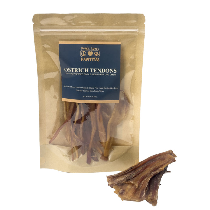Ostrich Tendon Jerky Dog Chew – 100% tendon, single-ingredient, all natural. Long-lasting chew with no fillers, just pure tendon dogs crave.