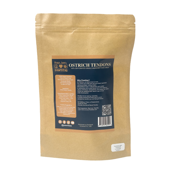 Ostrich Tendon Jerky Dog Chew – 100% tendon, single-ingredient, all natural. Long-lasting chew with no fillers, just pure tendon dogs crave.