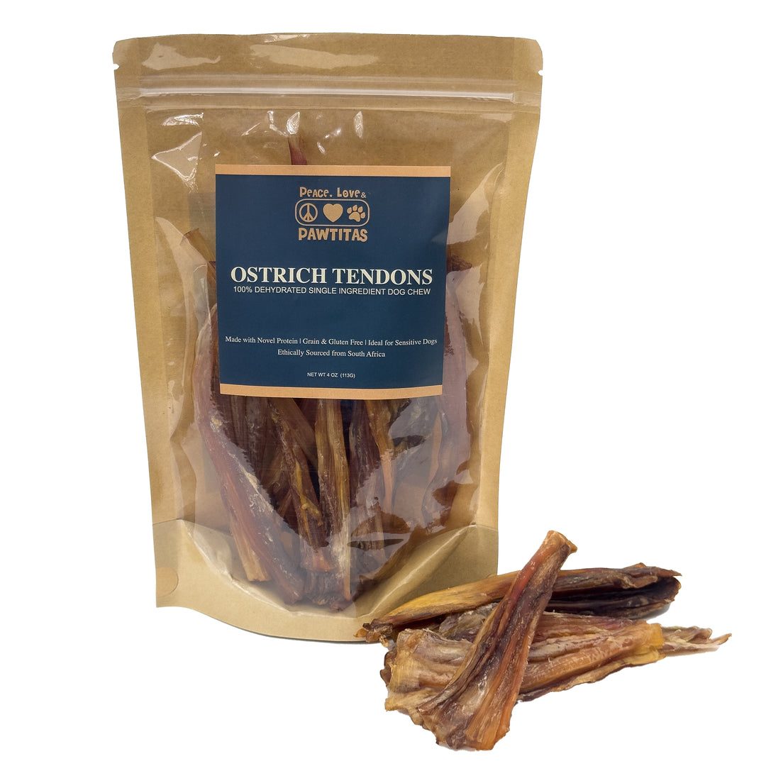 Ostrich Tendon Jerky Dog Chew – 100% tendon, single-ingredient, all natural. Long-lasting chew with no fillers, just pure tendon dogs crave.