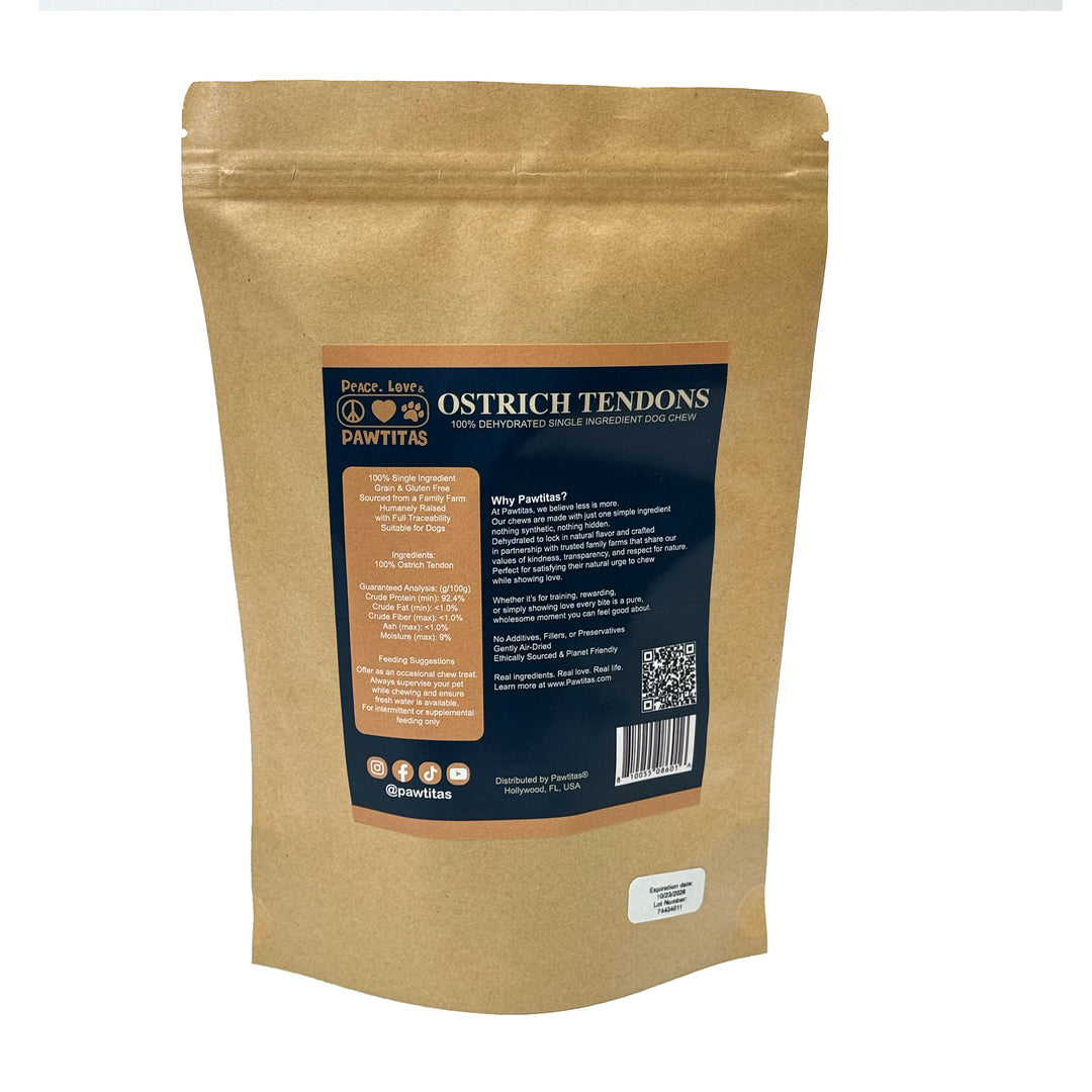 Ostrich Tendon Jerky Dog Chew – 100% tendon, single-ingredient, all natural. Long-lasting chew with no fillers, just pure tendon dogs crave.