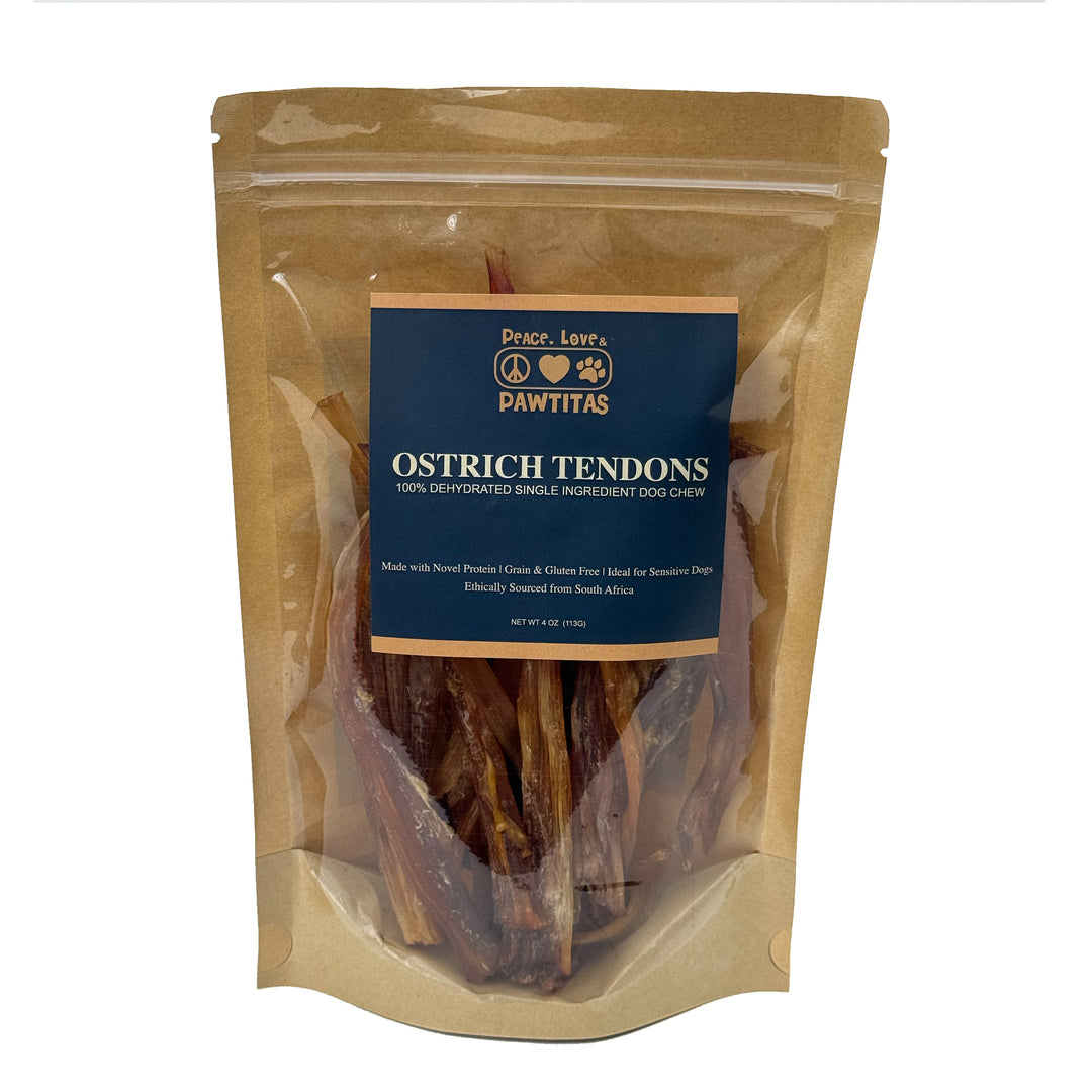 Ostrich Tendon Jerky Dog Chew – 100% tendon, single-ingredient, all natural. Long-lasting chew with no fillers, just pure tendon dogs crave.