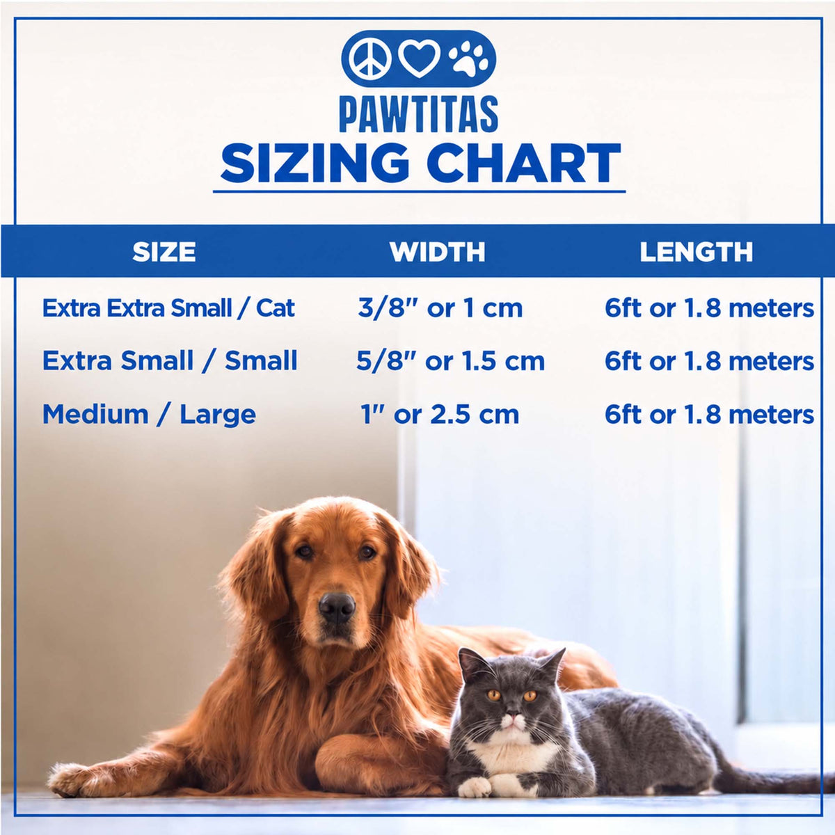 Pawitas sizing chart graphic for pets, showing a golden retriever and a gray cat at the bottom. The top section contains a table with rows for Extra Extra Small / Cat, Extra Small / Small, and Medium / Large, listing width and length measurements in centimeters and feet/ meters.
