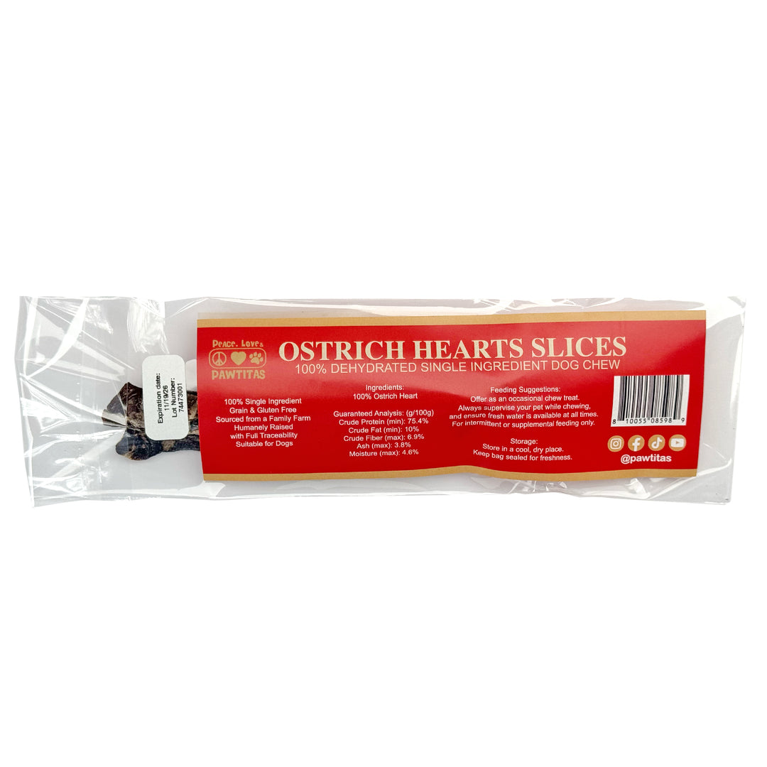 Ostrich Heart Jerky Dog Chew – made from 100% ostrich heart. A natural, single-ingredient chew dogs love. Pure, simple, and protein-rich.