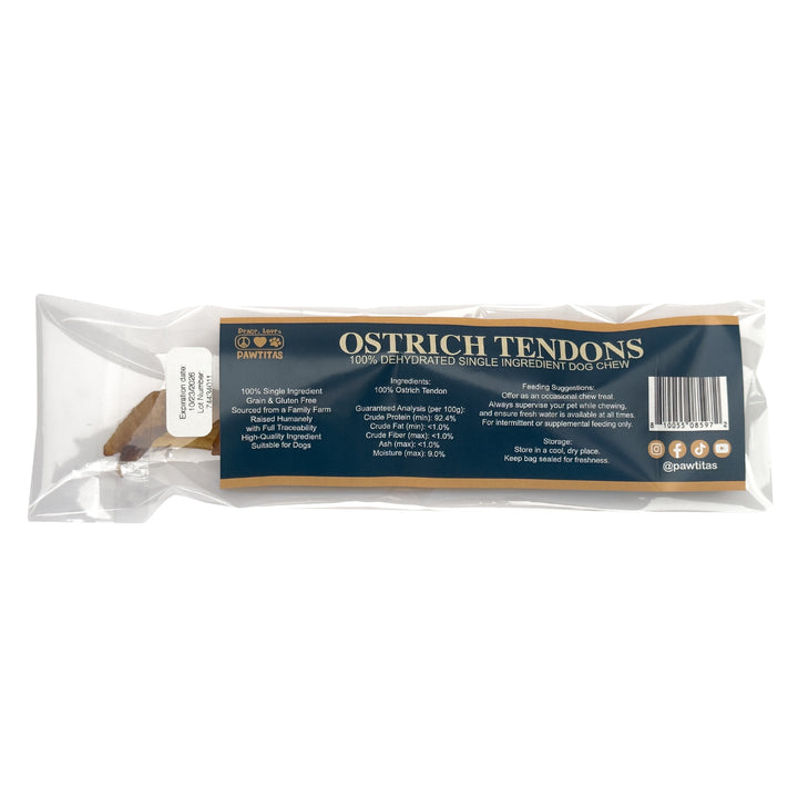 Ostrich Tendon Jerky Dog Chew – 100% tendon, single-ingredient, all natural. Long-lasting chew with no fillers, just pure tendon dogs crave.