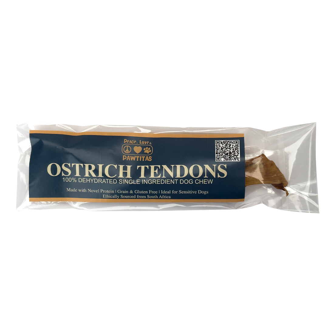 Ostrich Tendon Jerky Dog Chew – 100% tendon, single-ingredient, all natural. Long-lasting chew with no fillers, just pure tendon dogs crave.